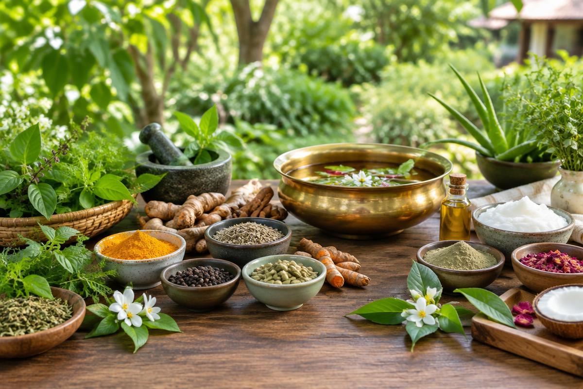 Illustration du thème ayurveda : plantes, épices et ingrédients naturels