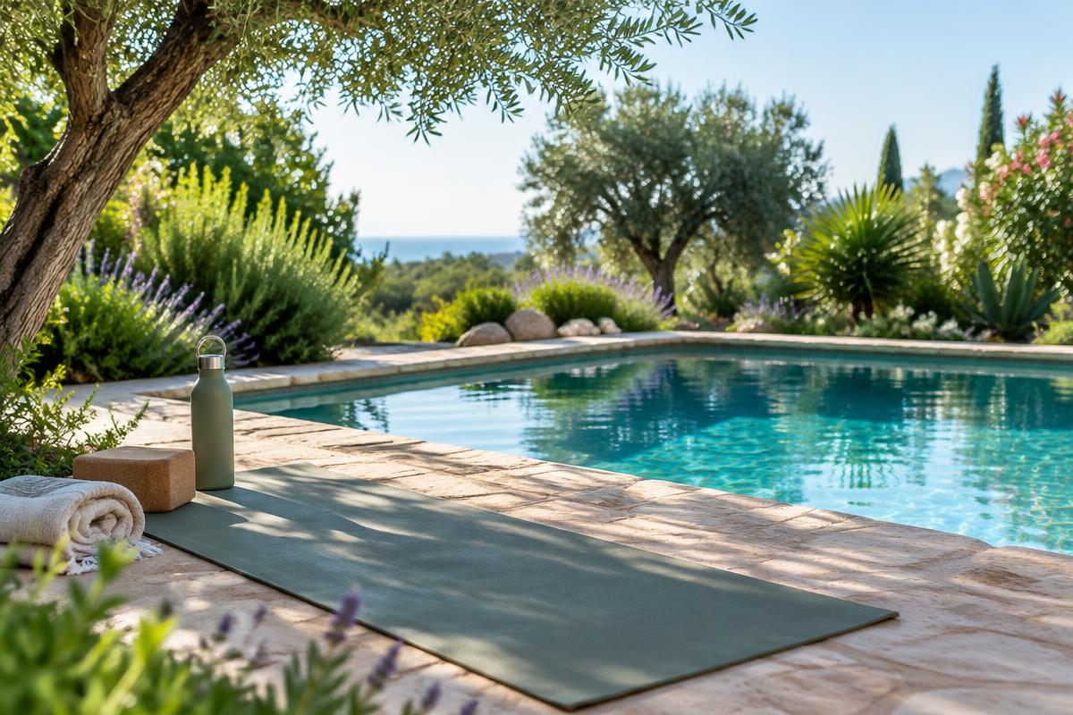 Illustration du thème détente : tapis de yoga et piscine dans un jardin