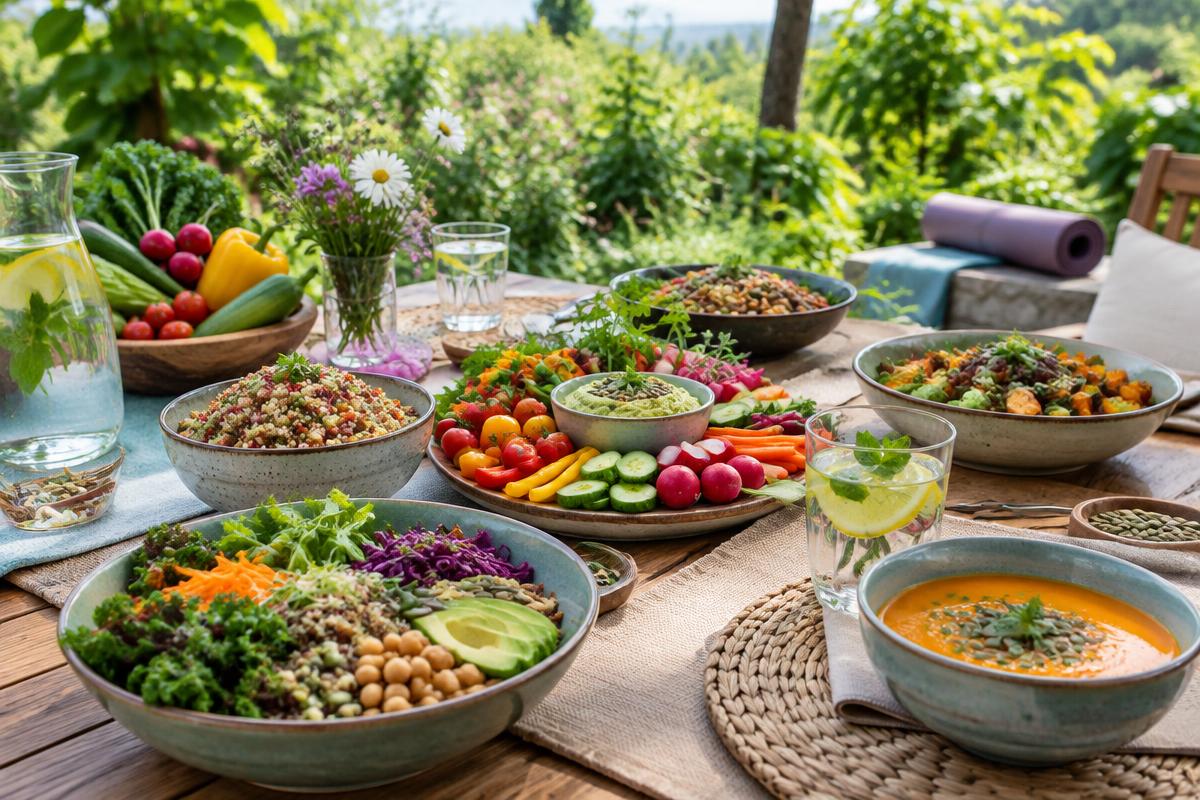 Illustration du thème nutrition : repas végétariens et légumes frais
